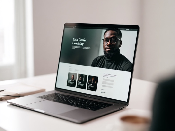 The Author adapted for a business coach: homepage with a portrait-led hero with the person's name and a one-line positioning statement