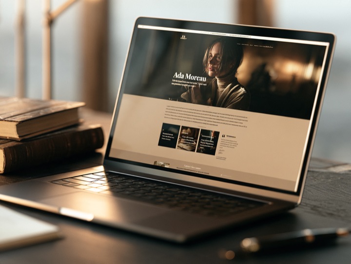 The Author template — a novelist's website shown on a laptop