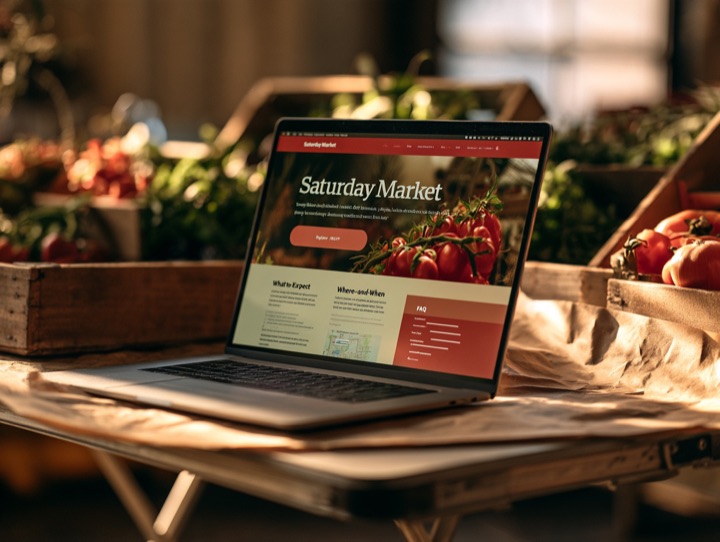 The Event adapted for a weekend farmers market: homepage with a hero with the event name