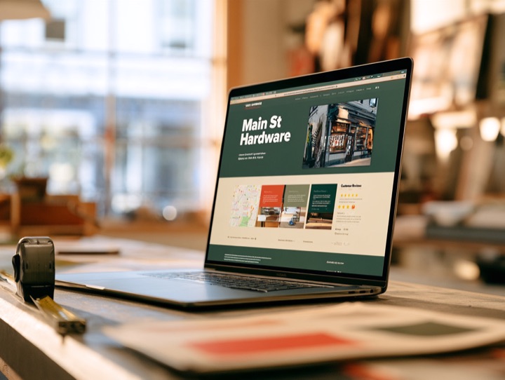 The Local adapted for an independent hardware store: homepage with a hero with a storefront photo