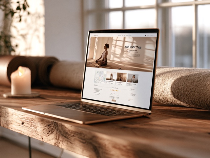 The Local adapted for a yoga studio: homepage with a hero with a storefront photo