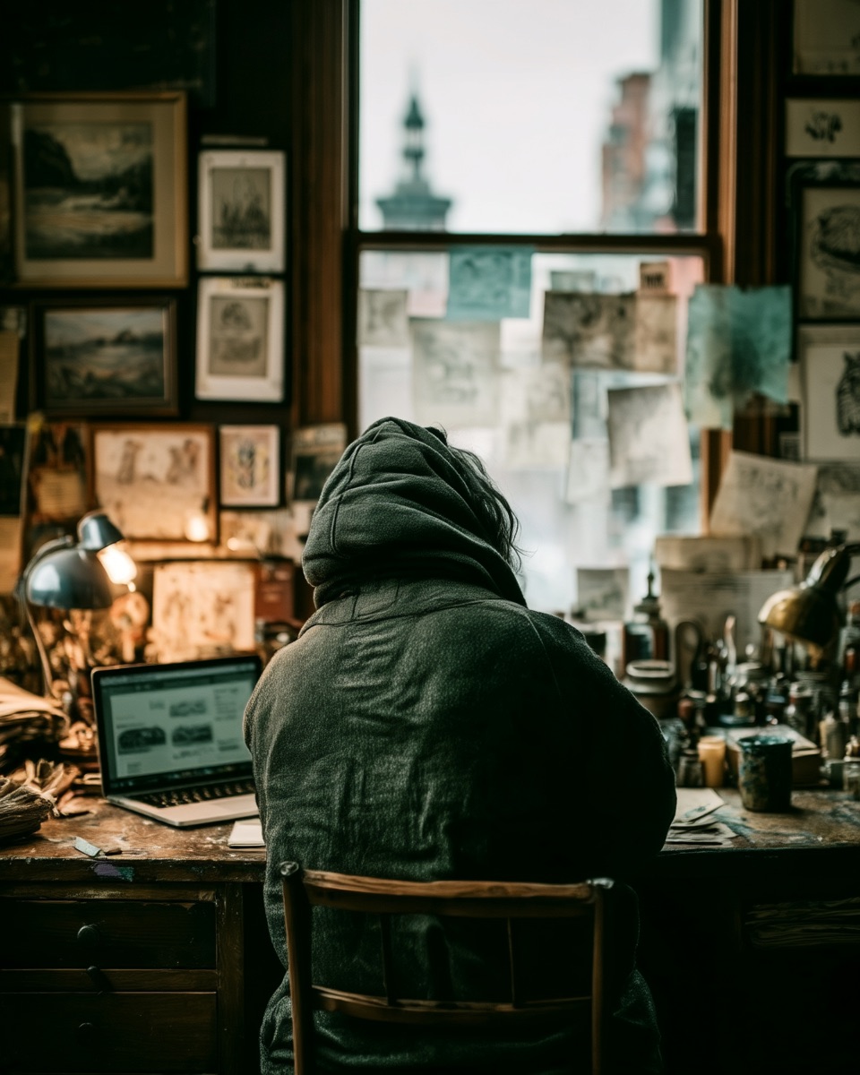 A designer in a hooded sweatshirt working at a laptop in a studio, the desk and walls covered in sketches